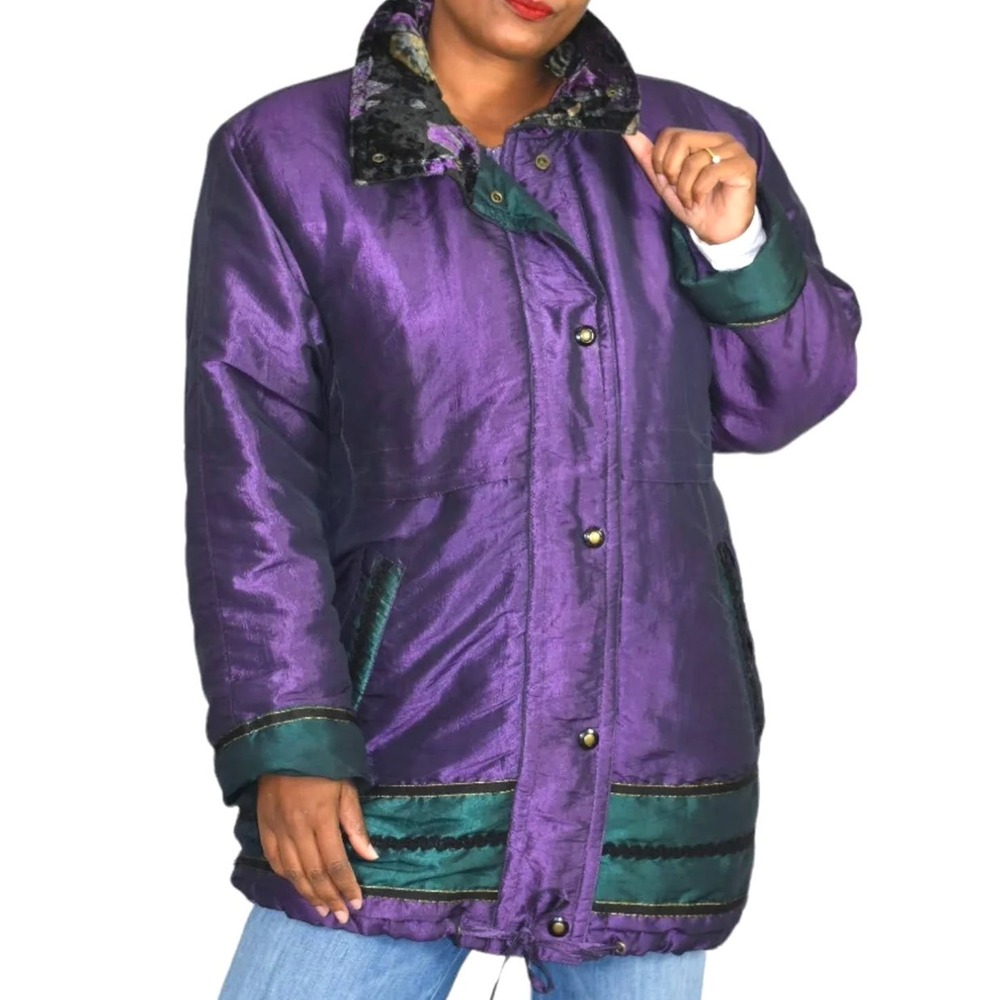VTG Current Seen METALLIC PURPLE COAT JACKET Puffer w/Velvet Collar GREEN TRIM M